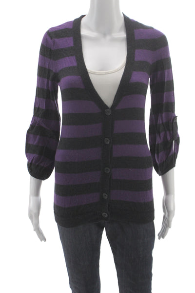 Splendid Womens Black Striped V-Neck Cashmere Cardigan Button 3/4 Sleeve Size S