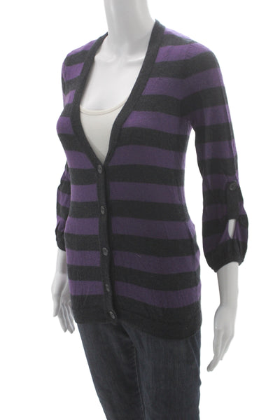 Splendid Womens Black Striped V-Neck Cashmere Cardigan Button 3/4 Sleeve Size S