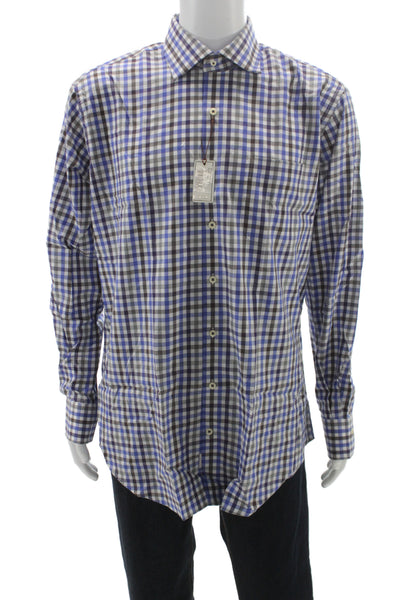 Peter Millar Mens Plaid Button Down Shirt Brown Blue Cotton Size Large