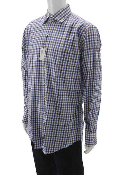 Peter Millar Mens Plaid Button Down Shirt Brown Blue Cotton Size Large