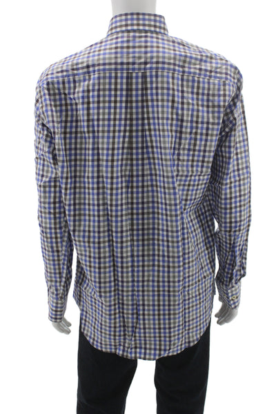 Peter Millar Mens Plaid Button Down Shirt Brown Blue Cotton Size Large