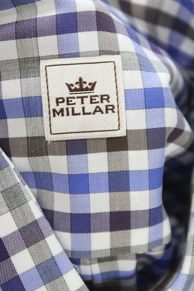 Peter Millar Mens Plaid Button Down Shirt Brown Blue Cotton Size Large