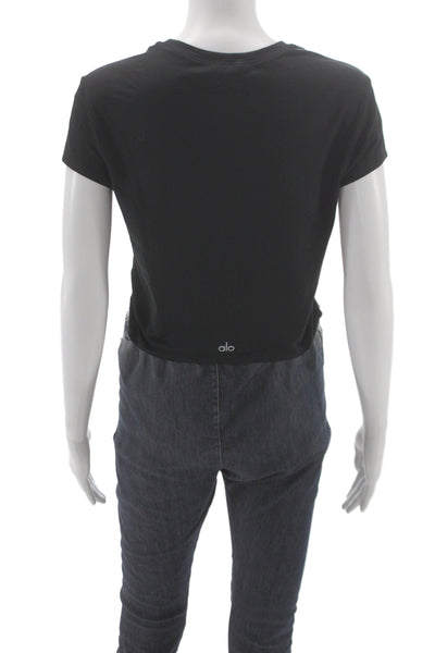 Alo Women Cropped Basic Black Cotton Crew Neck Short Sleeve T-Shirt Size S
