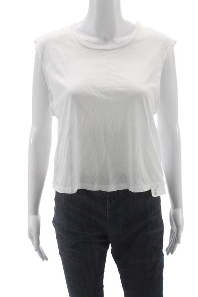 Amo Women Cropped Basic Cotton Crew Neck Sleeveless T-Shirt White Size L