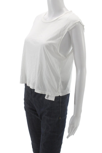 Amo Women Cropped Basic Cotton Crew Neck Sleeveless T-Shirt White Size L