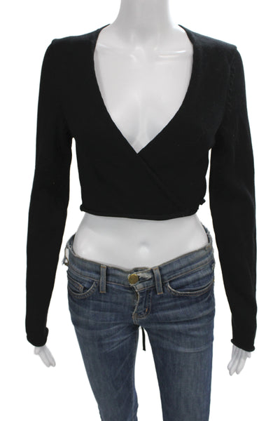 Zara Women Cropped V-Neck Button Long Sleeve Black Sweater Size M
