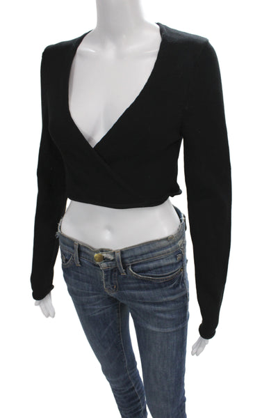 Zara Women Cropped V-Neck Button Long Sleeve Black Sweater Size M