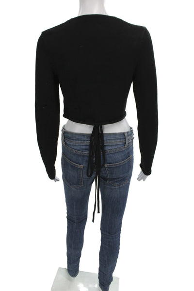 Zara Women Cropped V-Neck Button Long Sleeve Black Sweater Size M