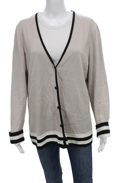 St. John Unisex Beige Striped V-Neck Button Cardigan 54% Wool 46% Rayon Size L