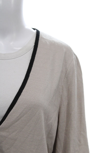 St. John Unisex Beige Striped V-Neck Button Cardigan 54% Wool 46% Rayon Size L
