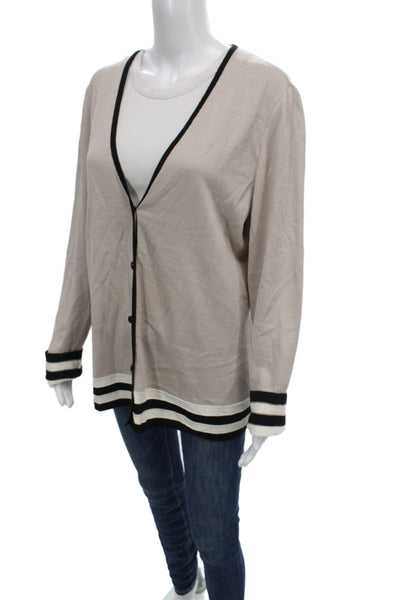 St. John Unisex Beige Striped V-Neck Button Cardigan 54% Wool 46% Rayon Size L