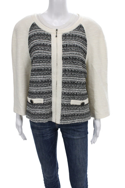 St. John Womens Beige Striped Wool Button Jacket 3/4 Sleeve Round Neck Size 14