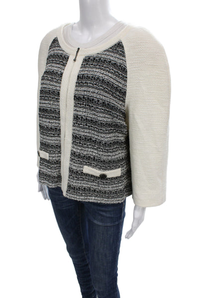 St. John Womens Beige Striped Wool Button Jacket 3/4 Sleeve Round Neck Size 14