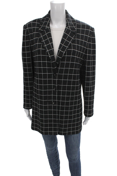 St John Collection Marie Gray Women Black Check Wool Blazer Long Sleeve Size 14