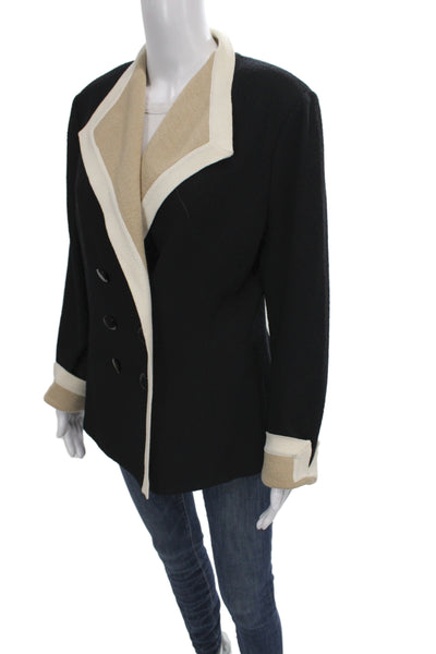 St. John Womens Pea Coat Black Wool Cotton Button Collared Designer Size 14