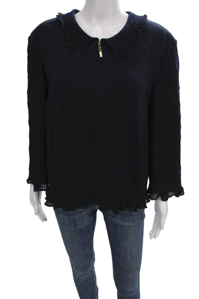 St John Collection Women Dark Blue Collared Full Zip Cardigan 3/4 Sleeve Size 16