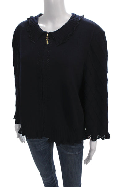 St John Collection Women Dark Blue Collared Full Zip Cardigan 3/4 Sleeve Size 16