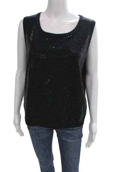 St. John Women Black Wool Blend Sleeveless Round Neck Tank Designer Size L