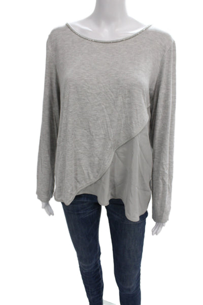 St. John Women Designer Gray Wool Blend Round Neck Long Sleeve Blouse Size L