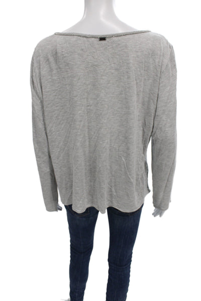 St. John Women Designer Gray Wool Blend Round Neck Long Sleeve Blouse Size L