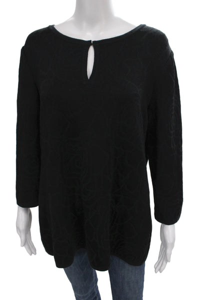 St. John Sport Women Floral Tunic Black Wool Rayon Round Neck 3/4 Sleeve Size L