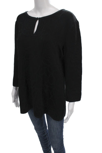 St. John Sport Women Floral Tunic Black Wool Rayon Round Neck 3/4 Sleeve Size L