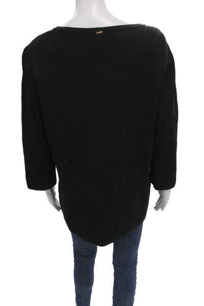 St. John Sport Women Floral Tunic Black Wool Rayon Round Neck 3/4 Sleeve Size L