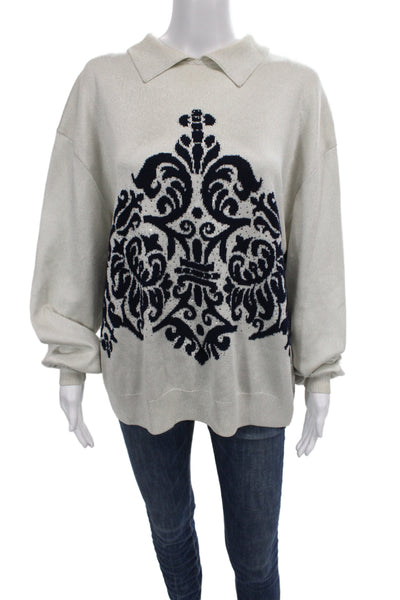 St. John By Marie Gray Unisex Collared Pullover Sweater Beige Cotton Size XL