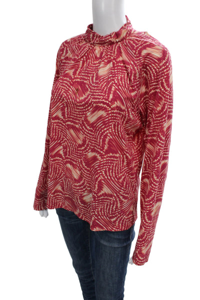 St. John Sport Women Red Wool Blend Jersey Blouse Mock Neck Long Sleeve Size L