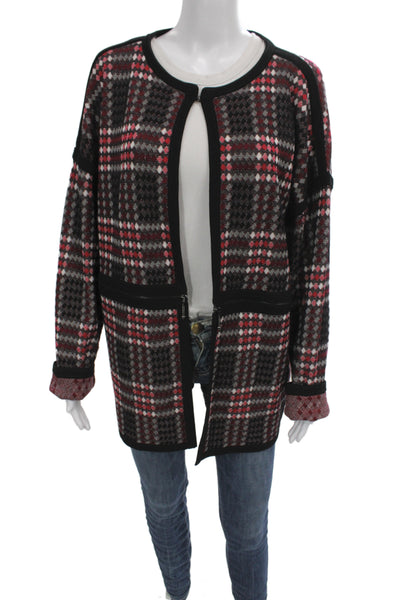 St John Womens Black Plaid Coatigan Zip Front Round Neck Long Sleeve Size L
