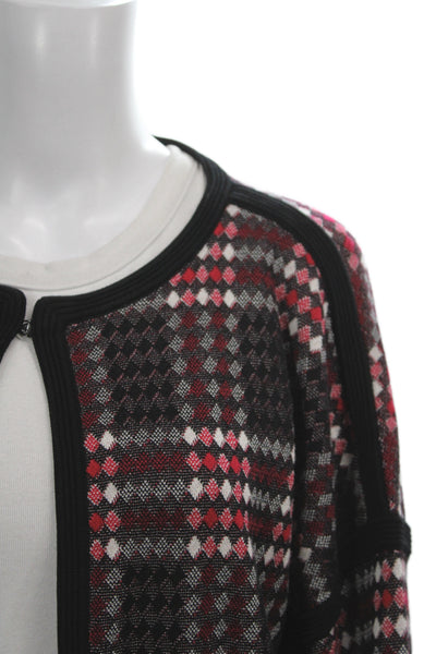 St John Womens Black Plaid Coatigan Zip Front Round Neck Long Sleeve Size L
