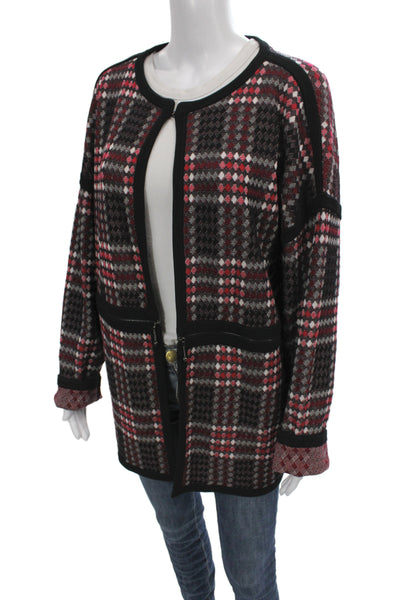 St John Womens Black Plaid Coatigan Zip Front Round Neck Long Sleeve Size L