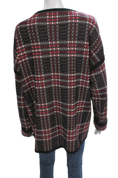 St John Womens Black Plaid Coatigan Zip Front Round Neck Long Sleeve Size L