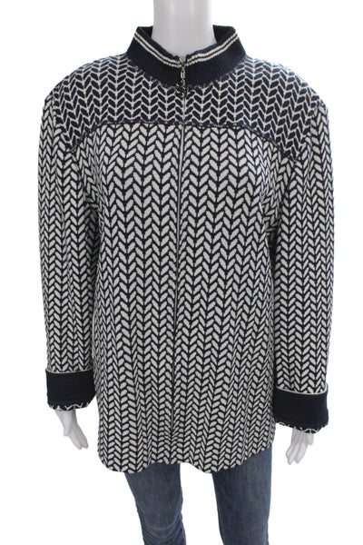 St. John Sport Unisex Full Zip Cardigan Dark Blue Herringbone Mock Neck Size XL