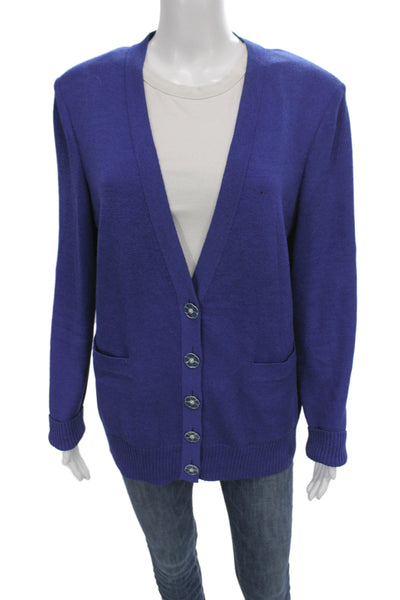 St. John Unisex Blue V Neck Button Cardigan Wool Blend Long Sleeve Size L