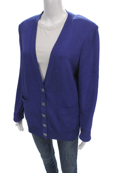 St. John Unisex Blue V Neck Button Cardigan Wool Blend Long Sleeve Size L