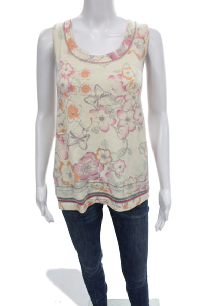 St. John Women Tunic Tank Beige Floral Butterfly Round Neck Sleeveless Size XL