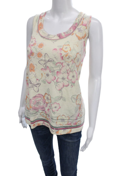 St. John Women Tunic Tank Beige Floral Butterfly Round Neck Sleeveless Size XL