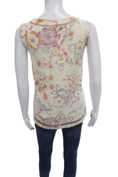 St. John Women Tunic Tank Beige Floral Butterfly Round Neck Sleeveless Size XL