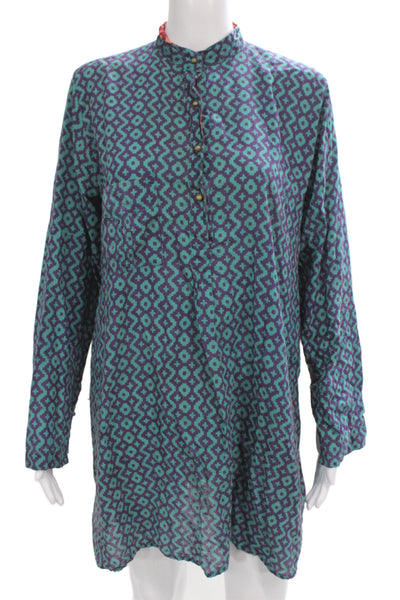 Lisa Corti Unisex Stand-Up Band Button-Up Blue Geometric Cotton Dress Size M