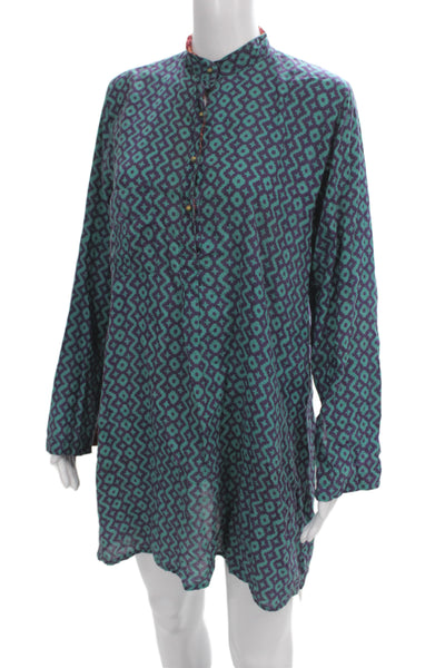Lisa Corti Unisex Stand-Up Band Button-Up Blue Geometric Cotton Dress Size M