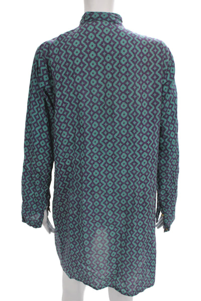 Lisa Corti Unisex Stand-Up Band Button-Up Blue Geometric Cotton Dress Size M