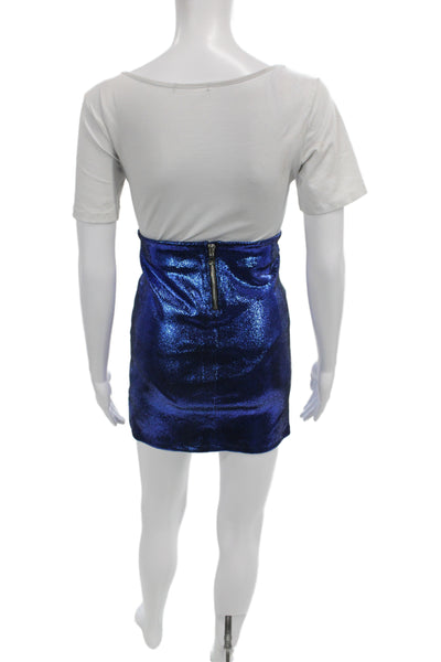 R+A Womens Mini Pencil Skirt Blue Stretch Lambskin Leather Size 4