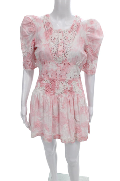 Love Shack Fancy Women Mini Fit and Flare Dress Pink Cotton Short Sleeve Size 2