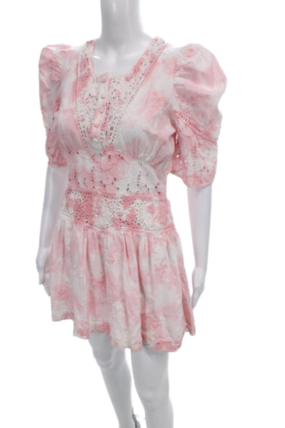 Love Shack Fancy Women Mini Fit and Flare Dress Pink Cotton Short Sleeve Size 2