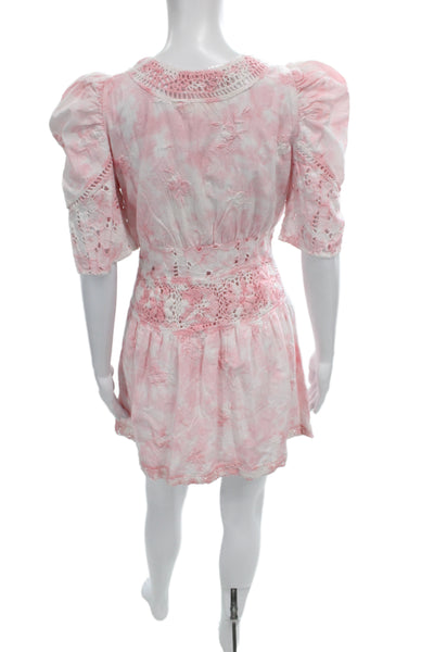 Love Shack Fancy Women Mini Fit and Flare Dress Pink Cotton Short Sleeve Size 2