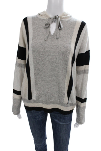 Autumn Cashmere Women Black Striped Pullover Hoodie 100% Cashmere Size M