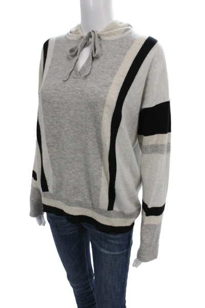 Autumn Cashmere Women Black Striped Pullover Hoodie 100% Cashmere Size M