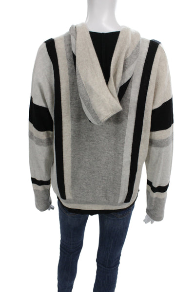 Autumn Cashmere Women Black Striped Pullover Hoodie 100% Cashmere Size M