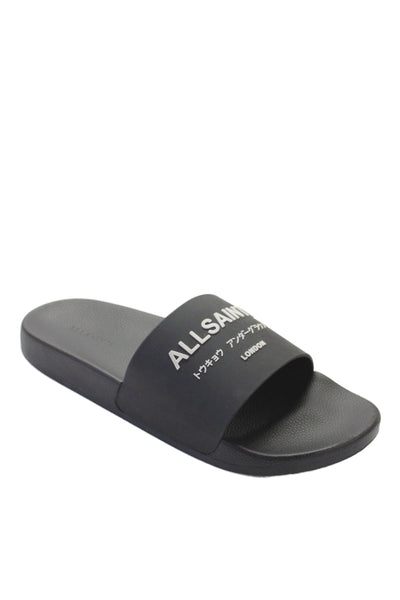 Allsaints Mens Logo Rubber Slide Sandals Black White Size 46